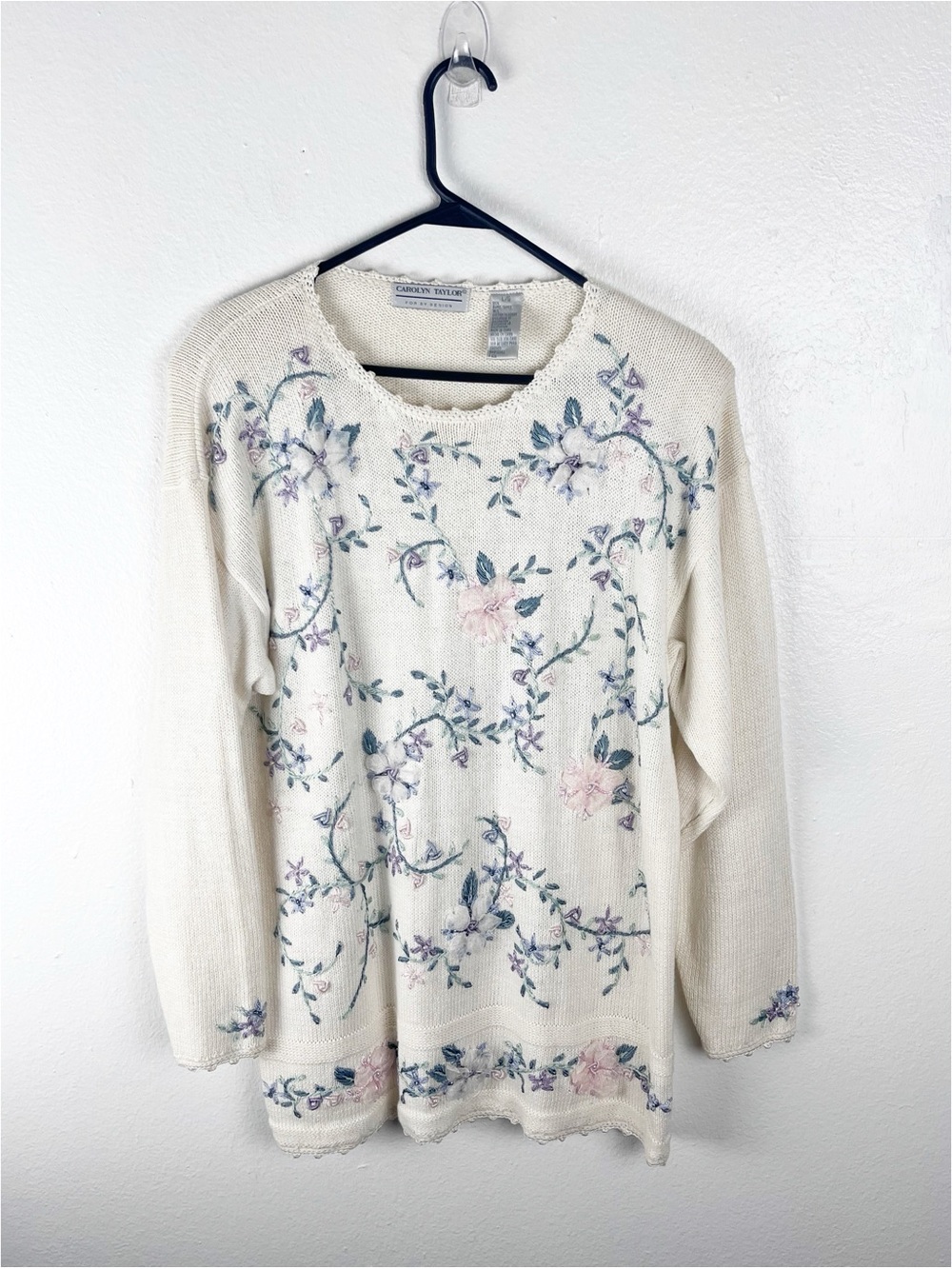 CAROLYN TAYLOR Cream Pastel Ramie Blend Vintage Floral Pullover Sweater Large
